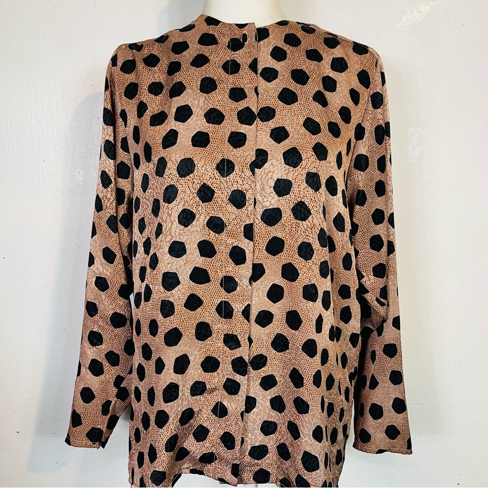 Vintage 80s 90s Lilli Ann Collection Size 8 Button Down Dot Blouse Black Tan